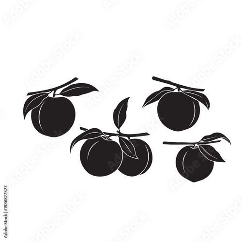 Ripe Peaches Hanging Tree Silhouette Vector Illustration, Peach Fruit Branch Minimal Black White Design Set, Peach Tree Silhouette Simple Vector Pack