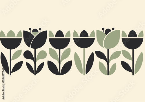 Mid-Century Modern Geometric Floral Border with Stylized Tulips in Muted Sage Green and Black - Scandinavian Folk Art Style Illustration