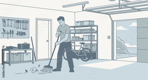 Man sweeping floor with broom indoors.