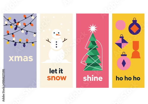 Set of Modern Minimalist Christmas Greeting Cards with Geometric Illustrations of Snowman, Tree, Ornaments, and Holiday Lights