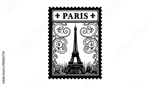 Paris Eiffel Tower vintage black and white postage stamp illustration