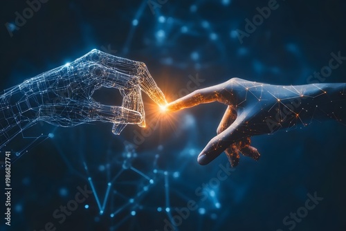 Wireframe digital hand and human hand connecting with bright light on dark background.