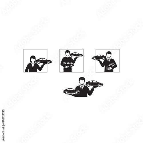 Person Holding Car Model Silhouette Vector Illustration, Hand Holding Car Model Minimal Black White Design, Human Hand with Car Model Simple Icon Set