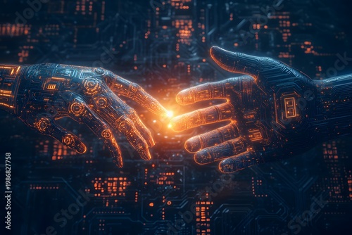 Two robotic hands with illuminated circuitry reaching to touch with an orange glowing light.