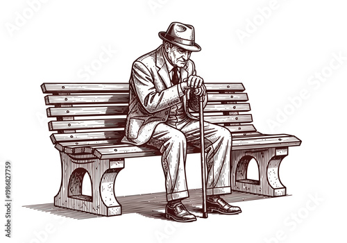 Vintage Engraving Style Illustration of an Elderly Senior Man Sitting Alone on a Park Bench with a Walking Cane, Symbolizing Loneliness, Aging, and Reflection.
