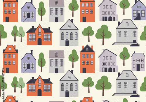 Seamless Vector Pattern of Scandinavian Style Houses and Trees; Flat Design Neighborhood Background with Colorful Residential Buildings and Urban Greenery