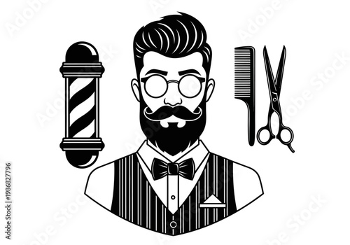 Vintage Barber Shop Logo Design with Hipster Bearded Man, Scissors, Comb, and Barber Pole Vector Illustration
