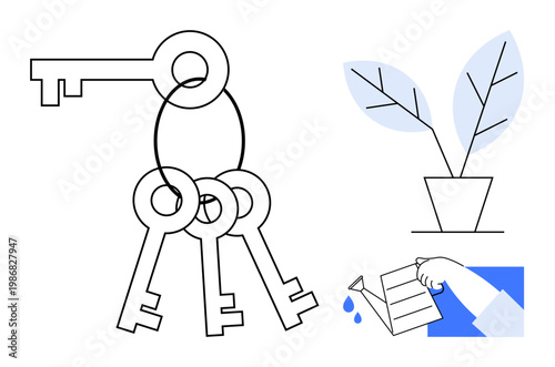 Security, opportunity, personal growth, sustainability, nurturing, development. A set of keys and a hand watering a small plant. Security and nurturing personal growth and opportunity