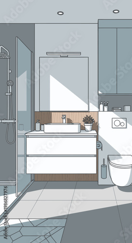 Modern bathroom sink and toilet interior.