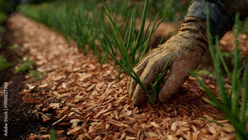 A gardener’s hand in a breathable mesh gardening glove spreads organic mulch around small parsley plants in a fragrant herb bed bathed in soft daylight