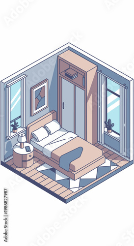 Modern bedroom with bed and furniture.