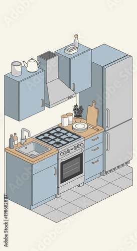 Modern kitchen with blue cabinets.