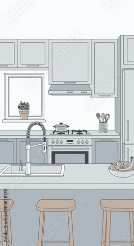 Modern kitchen island with wooden stools.