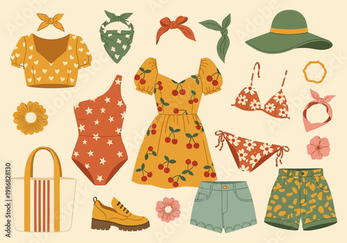Retro Summer Fashion Collection Vector Illustration - Vintage Women's Clothing and Accessories Set with Cherry Dress, Swimsuit, Bikini, Sun Hat, and Beach Bag