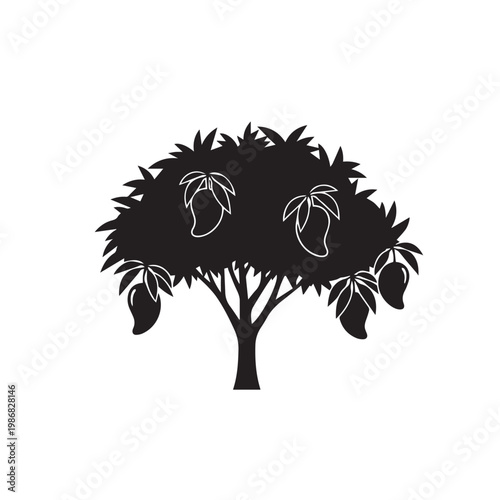 Mangoes on Tree Silhouette Vector Illustration Set, Mango Fruit Branch Black White Minimal Design, Mango Tree Silhouette Simple Vector Pack