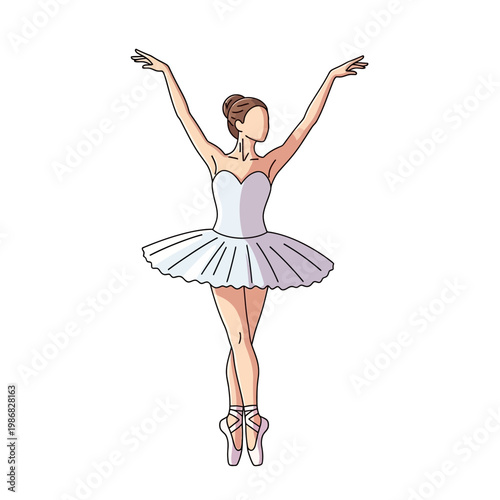Elegant ballerina in white tutu and pointe shoes, graceful pose, isolated on white background