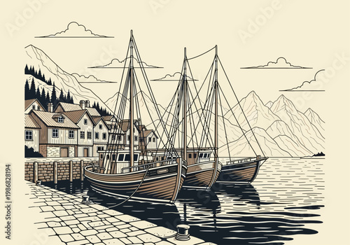 Vintage Style Illustration of Traditional Fishing Boats in a Harbor Village with Scenic Mountains and Coastal Architecture