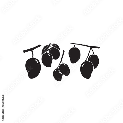 Mangoes on Tree Silhouette Vector Illustration Set, Mango Fruit Branch Black White Minimal Design, Mango Tree Silhouette Simple Vector Pack
