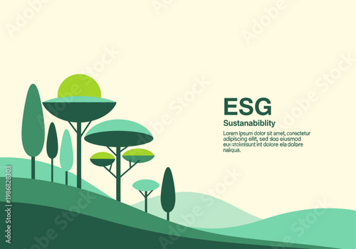 ESG Sustainability Corporate Concept Background with Stylized Flat Vector Green Trees and Hills Illustration for Ecology and Environmental Social Governance Reports