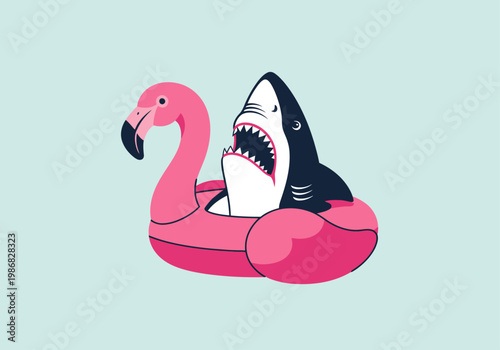 Humorous Illustration of a Shark in a Pink Flamingo Pool Floaty for Summer Fun