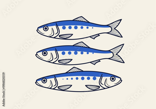 Vintage Blue Sardine Illustration - Set of Three Minimalist Fish Icons for Seafood Branding and Nautical Design