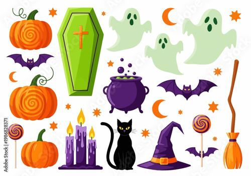 Halloween Vector Illustration Set Featuring Pumpkins, Ghosts, Bats, Witch Hat, Cauldron, and Black Cat Icons for Spooky Party Decorations and Graphic Design