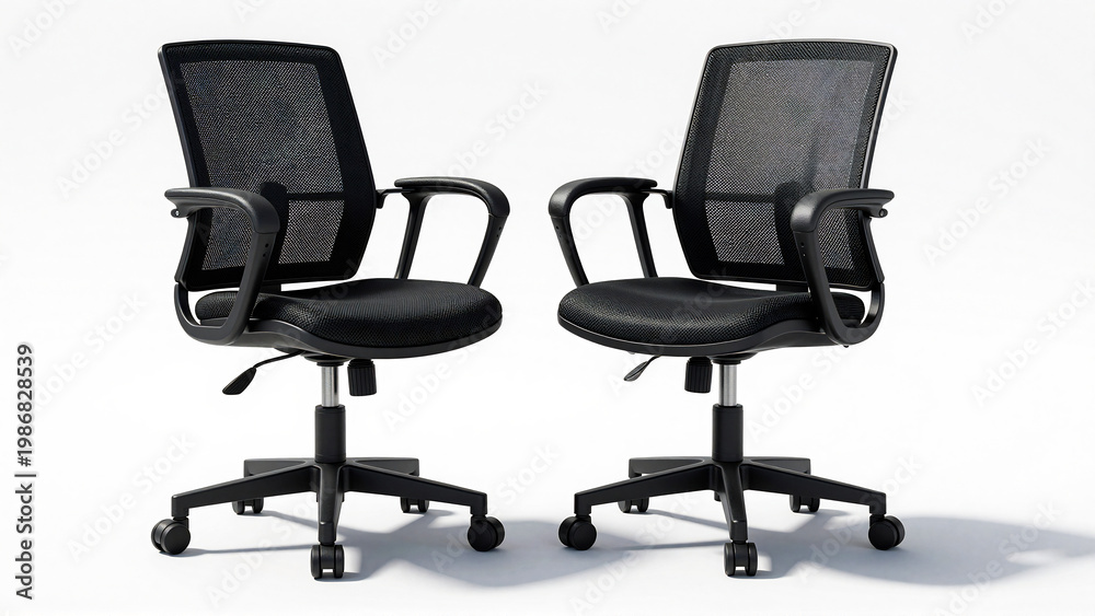 Obraz premium Two black mesh office chairs with adjustable height and wheels on a white background