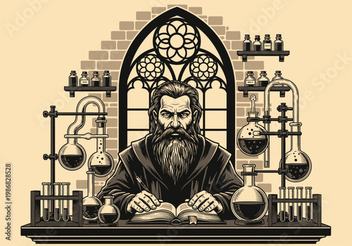 Vintage Illustration of a Medieval Alchemist in a Laboratory Writing in an Ancient Manuscript with Chemical Glassware