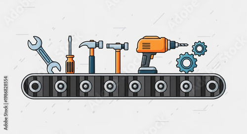 Various tools arranged on a conveyor belt with gears.