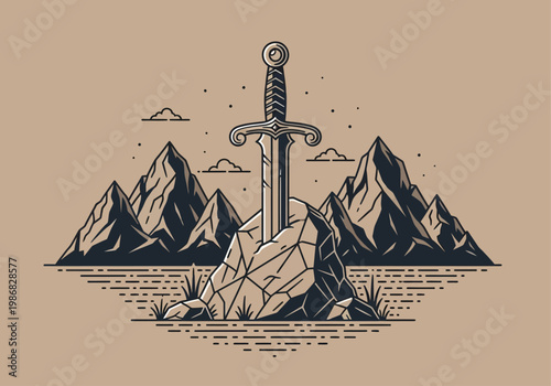 Legendary Sword in the Stone Illustration - Minimalist Medieval Fantasy Vector with Mountains and Adventure Theme