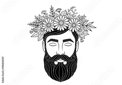 Bearded Man with Flower Crown Line Art Illustration, Meditative Hipster Portrait with Floral Wreath, Bohemian Hand-Drawn Design Element for Masculine Beauty or Self-Care
