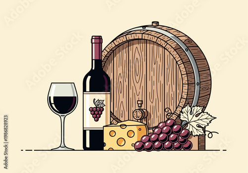 Flat Vector Illustration of Red Wine Bottle, Glass, Wooden Barrel, Grapes, and Cheese. Minimalist Winery and Vineyard Concept for Restaurant Menu or Beverage Branding.