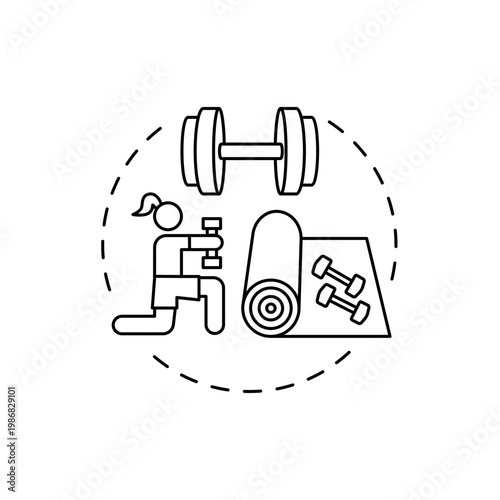 Dumbbell exercises concept icon. At-home workout session idea thin line illustration. Strength training. Boosting your self-esteem. Creating aerobic workouts. Vector isolated outline RGB color drawing
