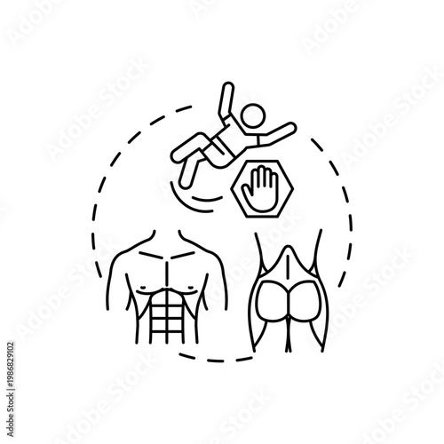 Core muscles concept icon. Physical training type idea thin line illustration. Good posture. Bad balance reduction. Tightening abdominal muscles. Vector isolated outline RGB color drawing