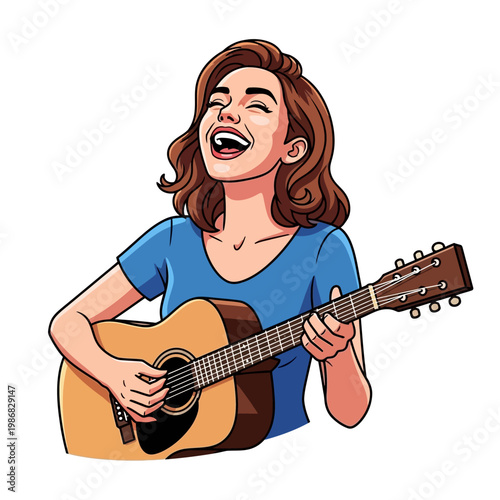 Joyful Woman Playing Acoustic Guitar, Singing with Happiness and Enthusiasm