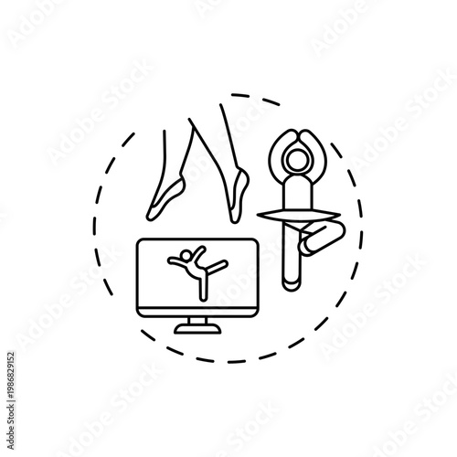 Online ballet concept icon. Workout program idea thin line illustration. Dance classes. Improving coordination, posture. Increased muscle strength and tone. Vector isolated outline RGB color drawing