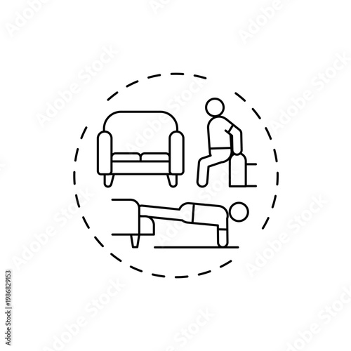 Couch as bench concept icon. Gym exercise alternative idea thin line illustration. Shoulder-width dips. Upper-body exercising. Strengthening muscles. Vector isolated outline RGB color drawing
