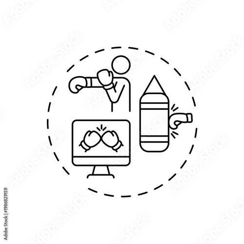 Online boxing concept icon. Remote workout program idea thin line illustration. Enhancing mood. Speeding up metabolism. Strengthening upper-body and core. Vector isolated outline RGB color drawing