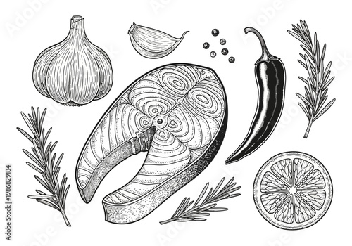 Vintage Engraving Style Salmon Steak with Garlic, Lemon, Chili, and Rosemary Herbs. Hand Drawn Seafood Illustration for Menu and Culinary Design.