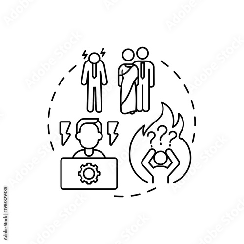 Emotional discomfort and disorientation concept icon. Conflict of old and new cultural norms idea thin line illustration. Vector isolated outline RGB color drawing