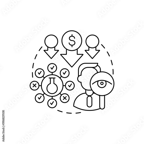 Scientific research funding concept icon. Sponsorships between science and grant idea thin line illustration. Financing of scientific developments. Vector isolated outline RGB color drawing