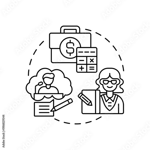 Secretary treasurer concept icon. Company top management jobs. Controlling all company budget activities. Finance idea thin line illustration. Vector isolated outline RGB color drawing