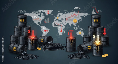 Oil barrels and world map representing global oil industry and economy.