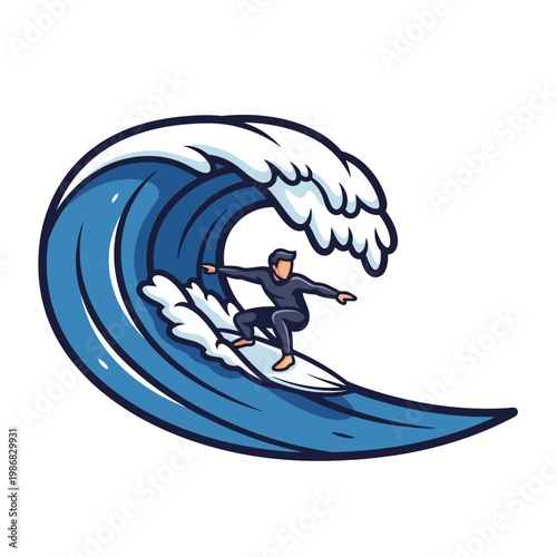 Surfer riding a big blue ocean wave, dynamic action sport illustration