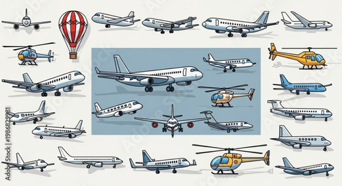 Collection of various aircraft and a hot air balloon.