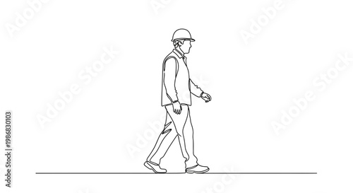 Man Wearing Hard Hat Walking Alone.