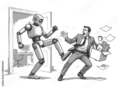 robot entering an office as a shocked businessman drops belongings, symbolizing automation, job loss, and AI disruption sketch engraving generative ai vector illustration. Black and white.