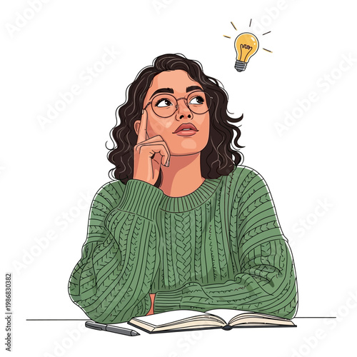 Woman Thinking with Lightbulb Idea, Brainstorming, Creativity, Studying, Education