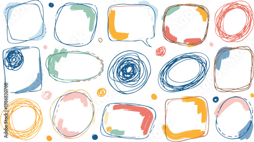 Colorful abstract shapes and speech bubbles on white background