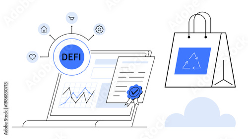 Decentralized finance, blockchain commerce, fintech solutions, digital contracts, financial technology, and e-commerce. Laptop with graphs and certified document, shopping bag with icon